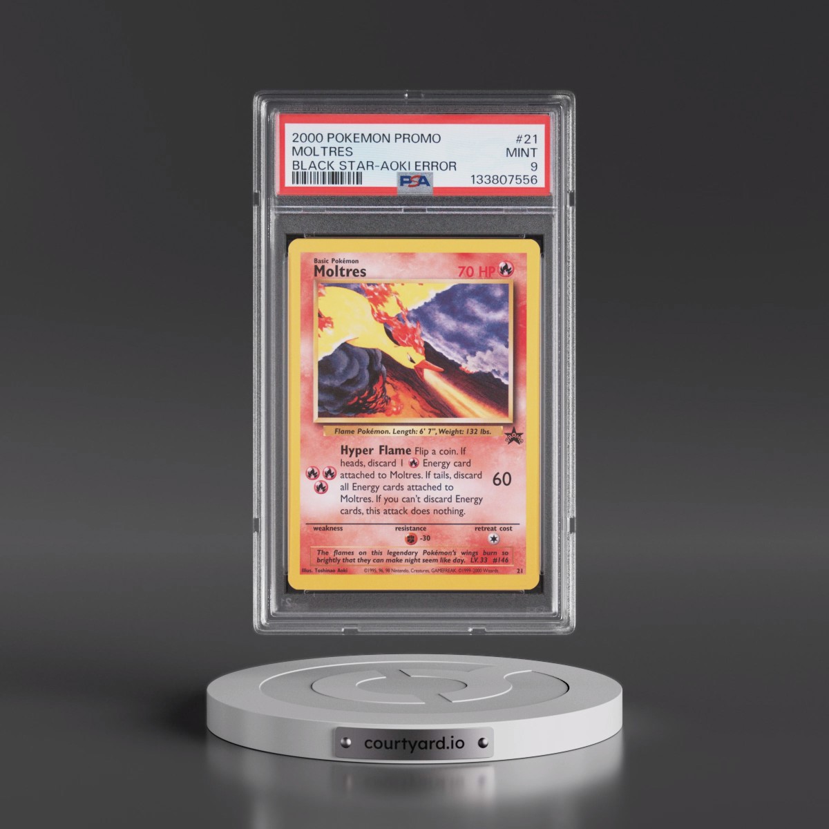 2000 Pokémon Promo Black Star #21 Moltres - Toshinao Aoki Error (PSA 9 MINT)