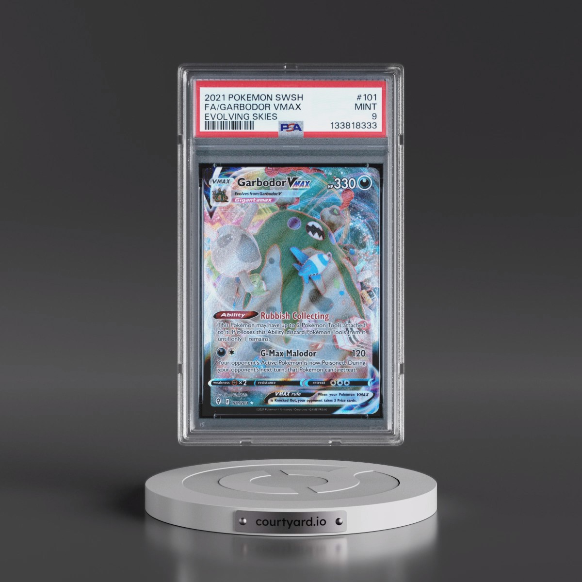 2021 Pokémon Sword & Shield Evolving Skies #101 Garbodor Vmax - Full Art (PSA 9 MINT)