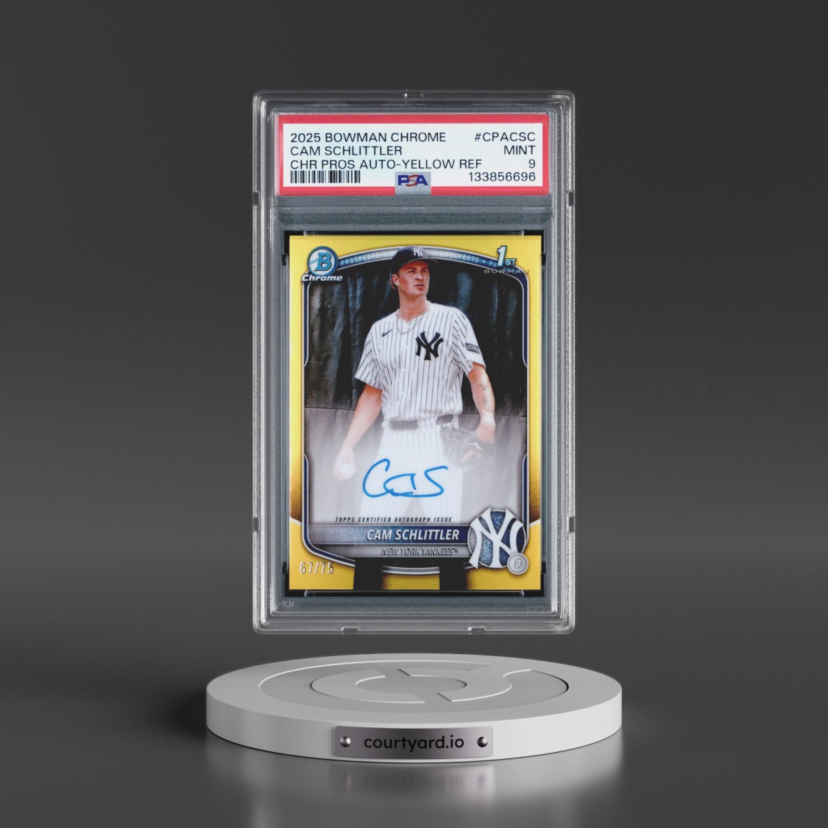 2025 Bowman Chrome Prospect Autographs #CPACSC Cam Schlittler - Yellow Refractor (PSA 9 MINT) - Photo