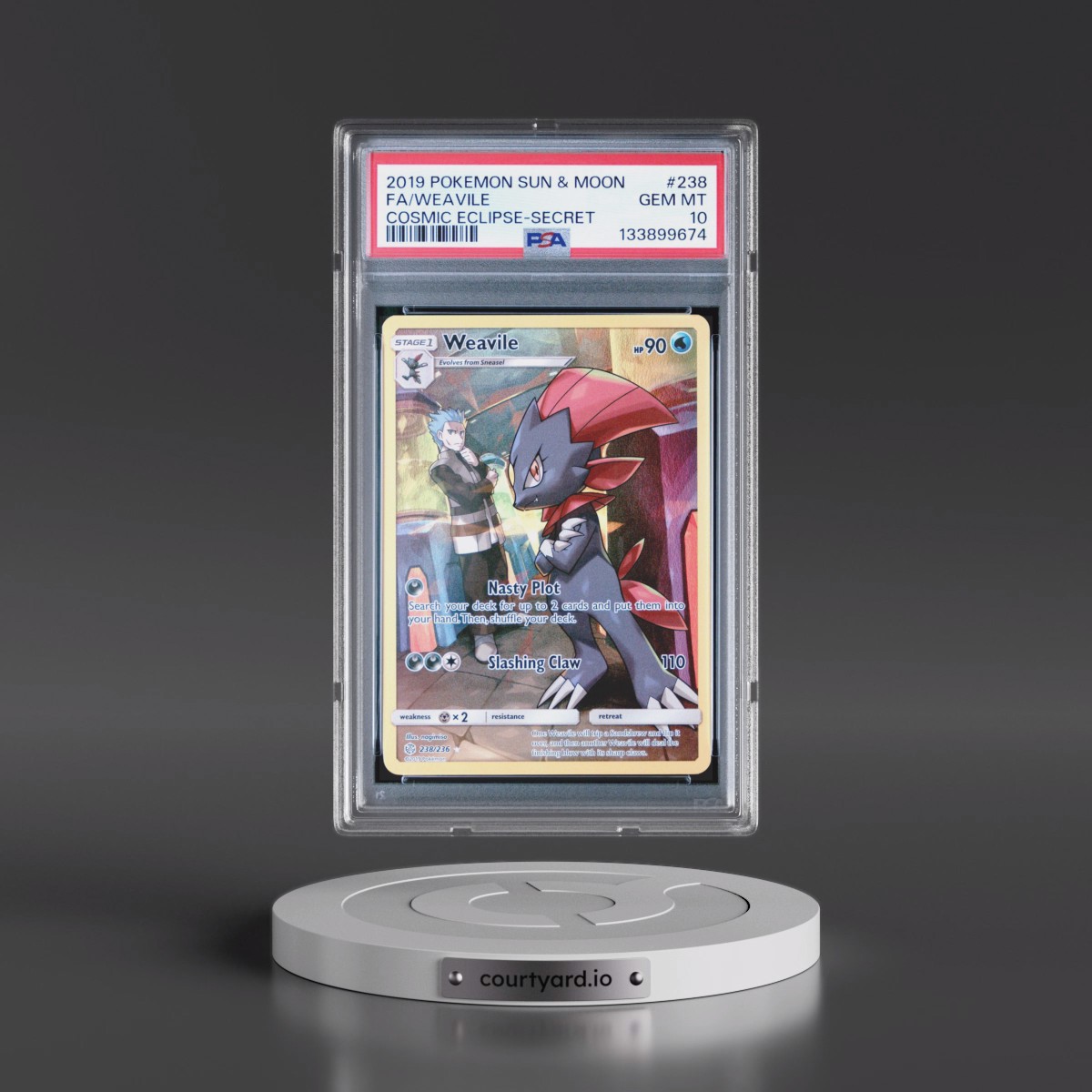 2019 Pokémon Sun & Moon Cosmic Eclipse #238 Weavile - Full Art Secret (PSA 10 GEM MINT)