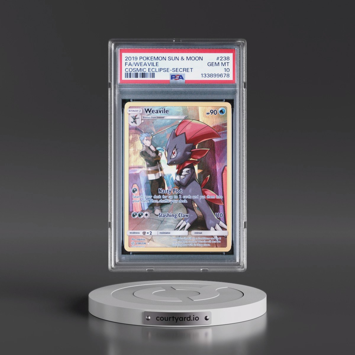 2019 Pokémon Sun & Moon Cosmic Eclipse #238 Weavile - Full Art Secret (PSA 10 GEM MINT)