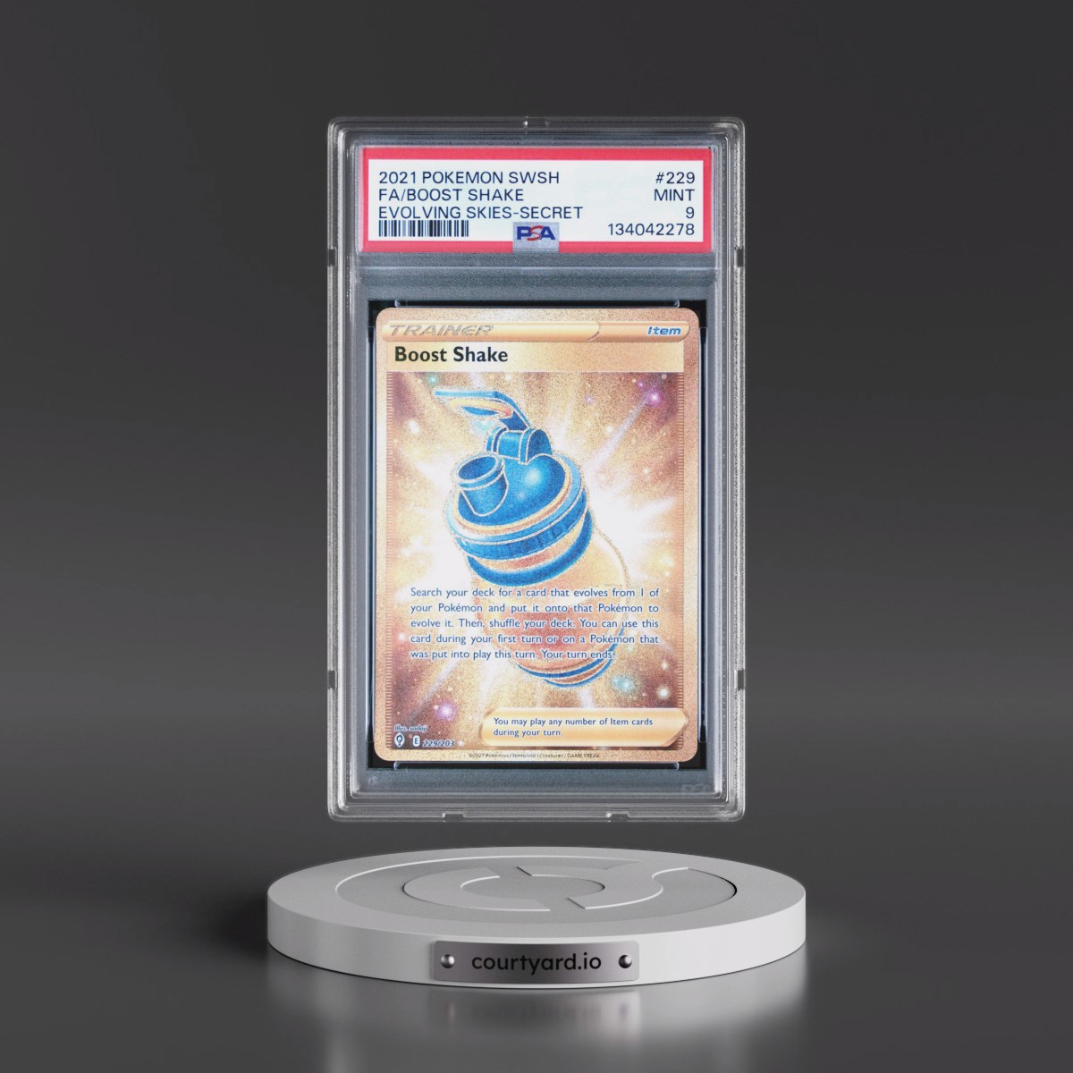 2021 Pokémon Sword & Shield Evolving Skies #229 Boost Shake - Full Art Secret (PSA 9 MINT)