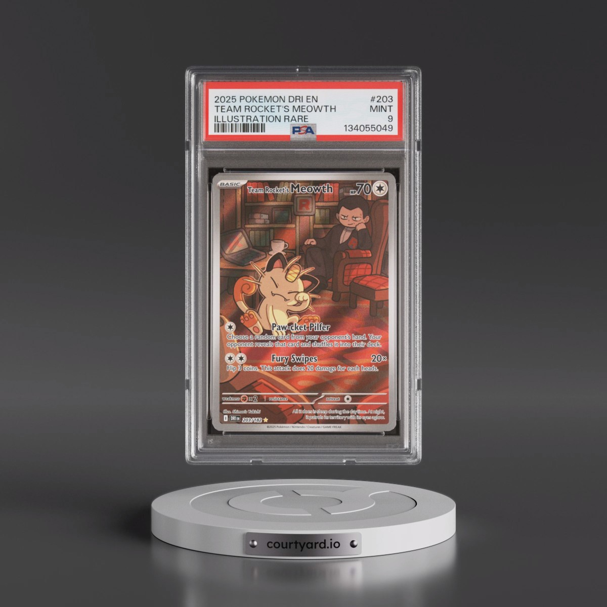 2025 Pokémon Dri EN-Destined Rivals #203 Team Rocket's Meowth - Illustration Rare (PSA 9 MINT)