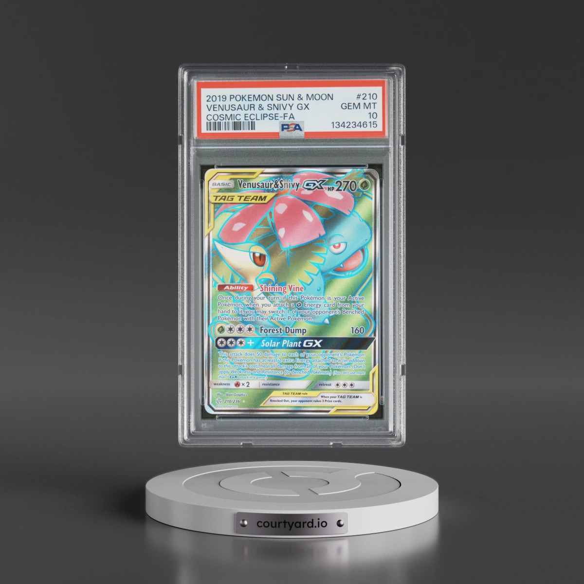 2019 Pokémon Sun & Moon Cosmic Eclipse #210 Venusaur & Snivy GX - Holo Full Art (PSA 10 GEM MINT)