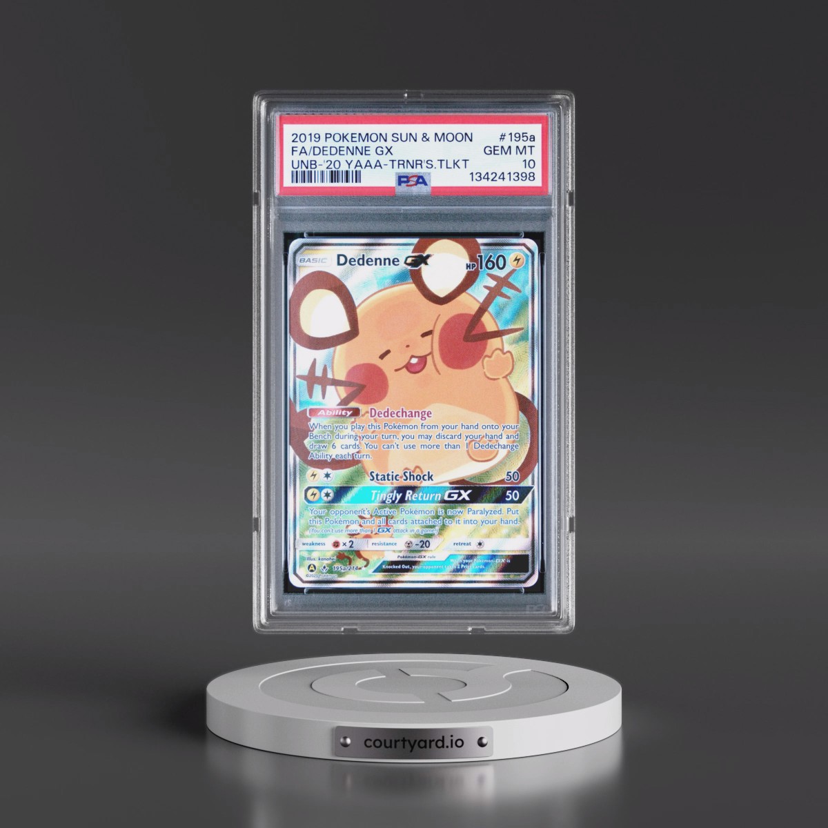 2019 Pokémon Sun & Moon Unbroken Bonds #195a Dedenne GX - Holo Full Art 2020 Yellow A Alternate Art Trainer's Toolkit (PSA 10 GEM MINT)