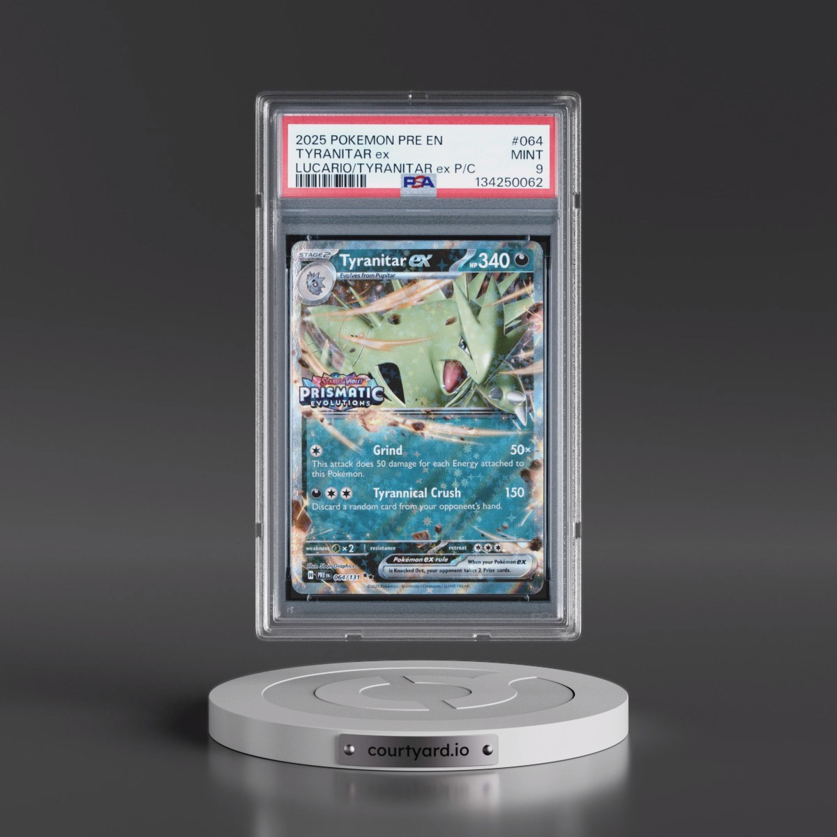 2025 Pokémon Pre EN-Prismatic Evolutions #064 Tyranitar EX - Holo Lucario EX & Tyranitar EX Premium Collection (PSA 9 MINT)