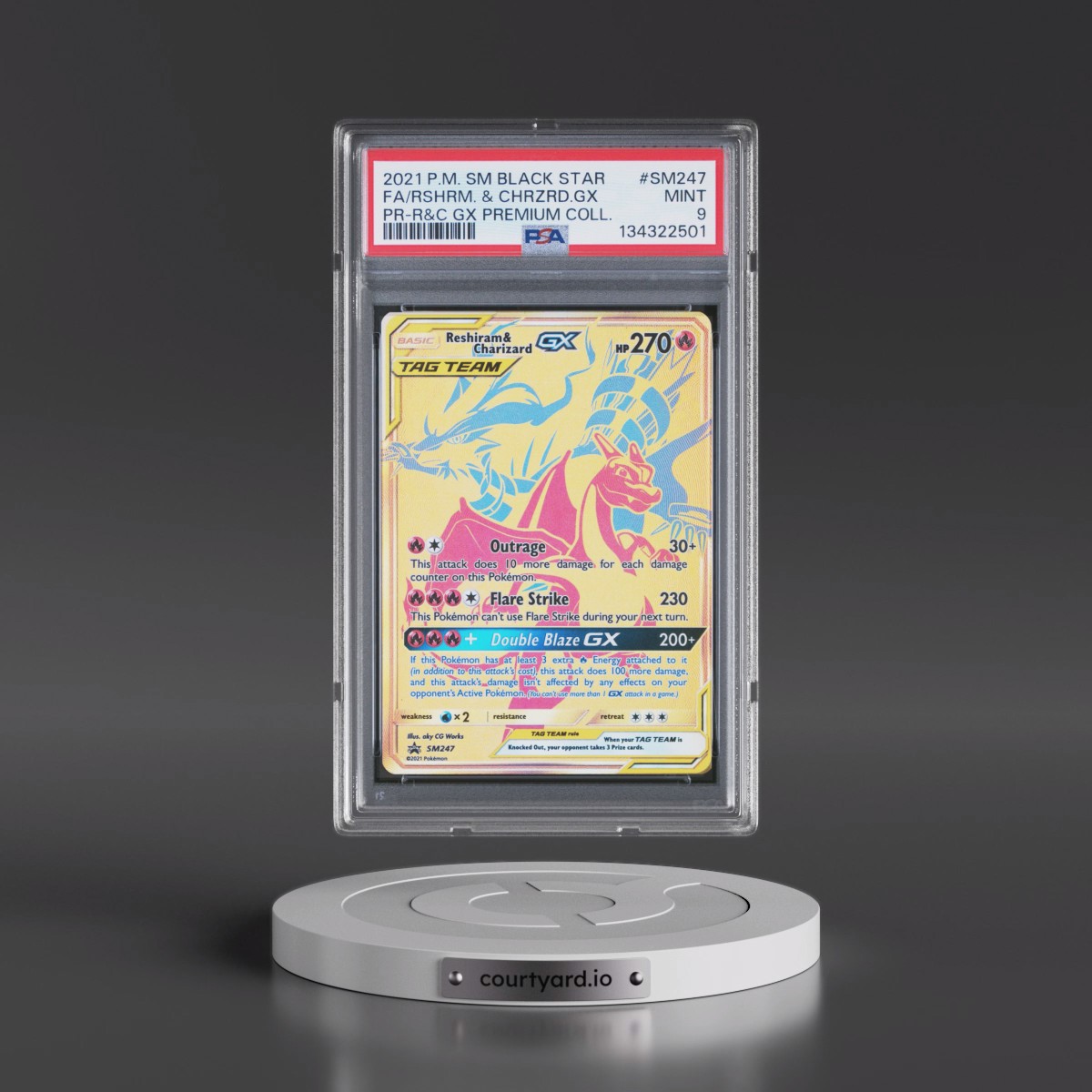 2021 Pokémon SM Black Star Promo #SM247 Reshiram & Charizard GX - Holo Full Art Reshiram & Charizard GX Premium Collection (PSA 9 MINT)