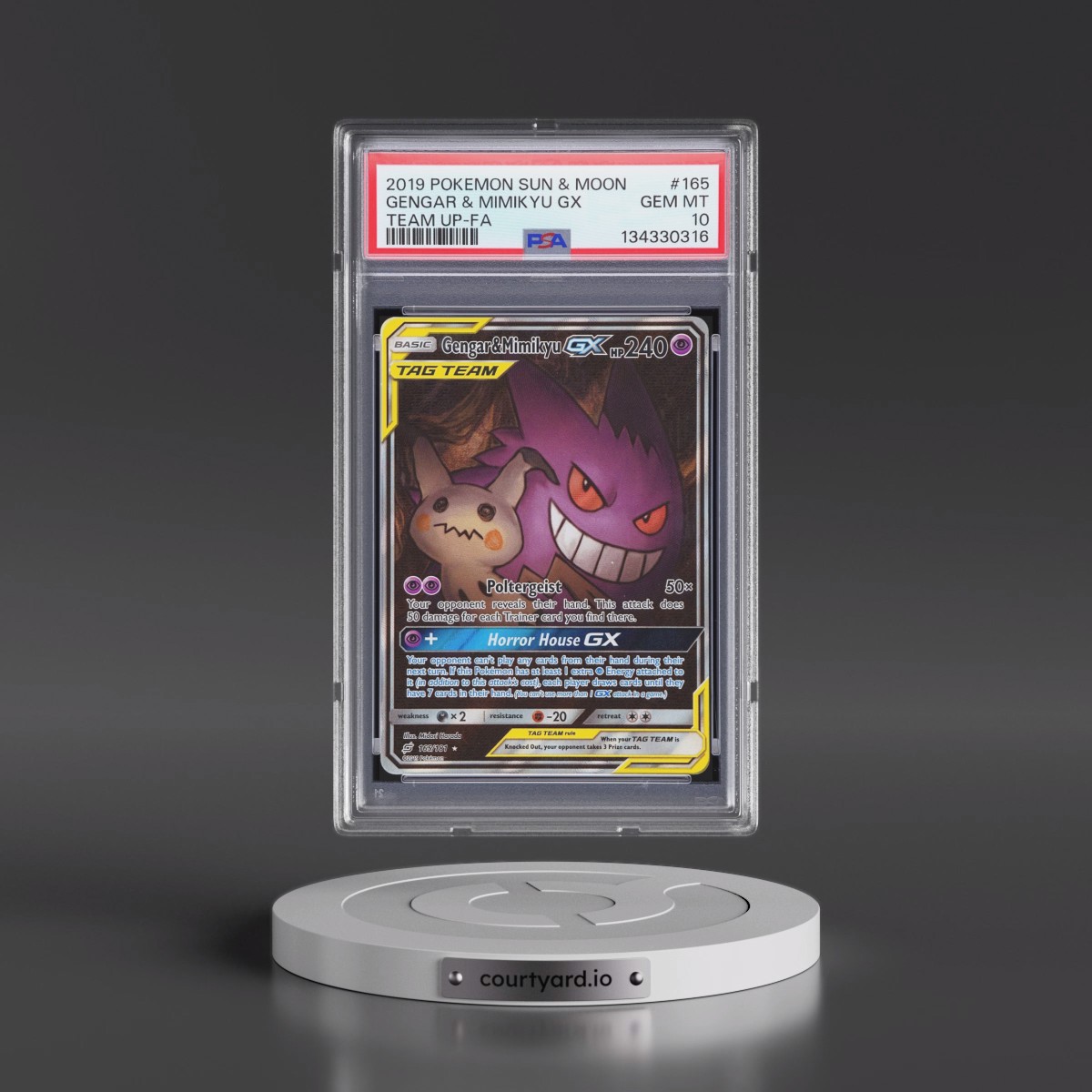 2019 Pokémon Sun & Moon Team Up #165 Gengar & Mimikyu GX - Holo Full Art (PSA 10 GEM MINT)