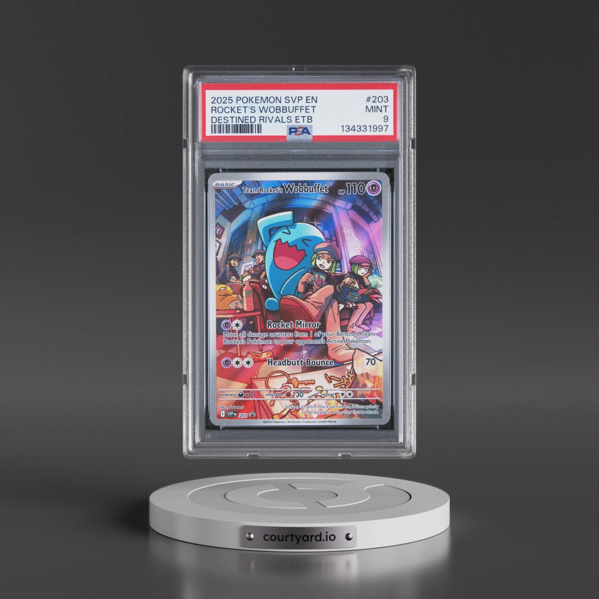 2025 Pokémon Svp EN-SV Black Star Promo #203 Team Rocket's Wobbuffet - Destined Rivals Elite Trainer Box (PSA 9 MINT)
