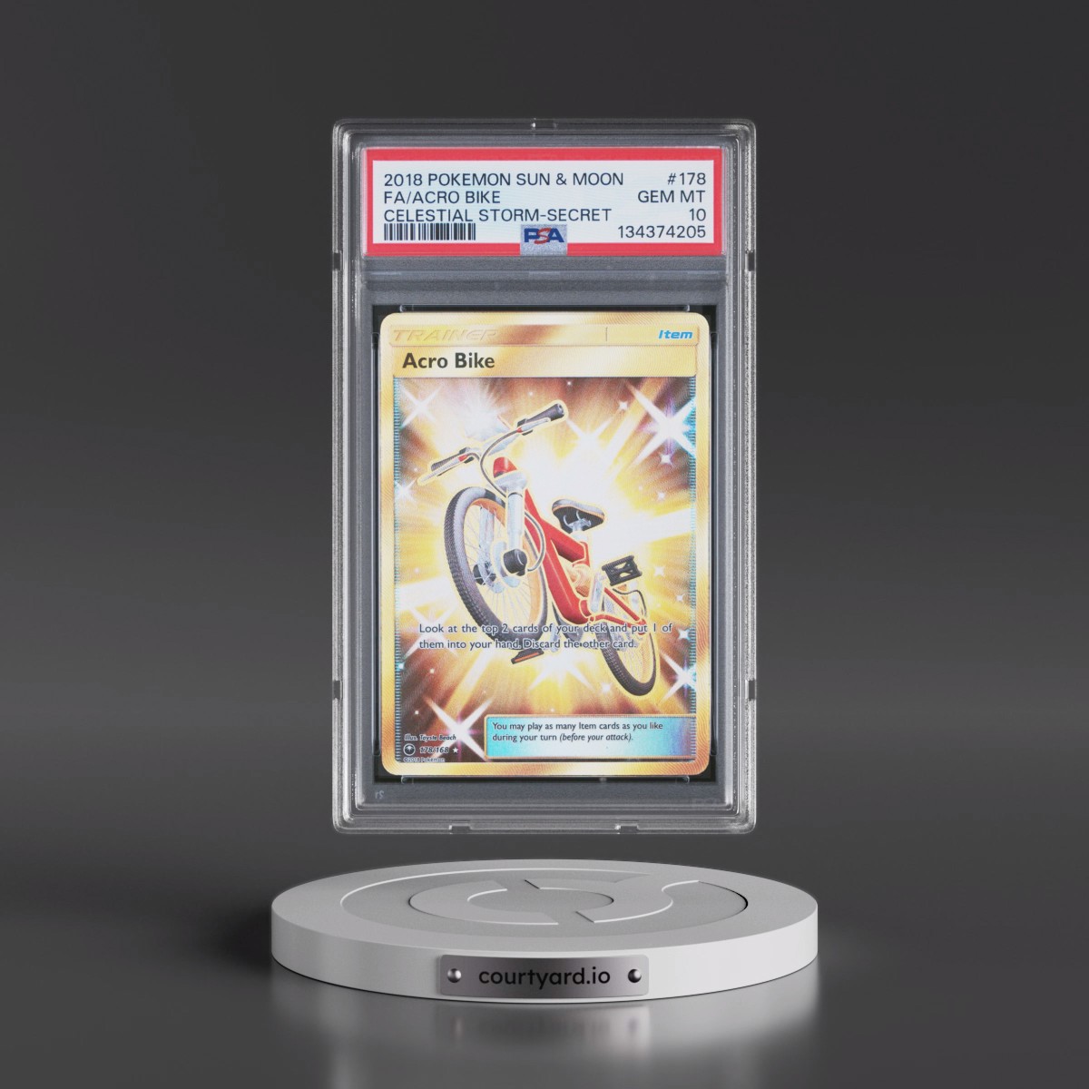 2018 Pokémon Sun & Moon Celestial Storm #178 Acro Bike - Full Art Secret (PSA 10 GEM MINT)
