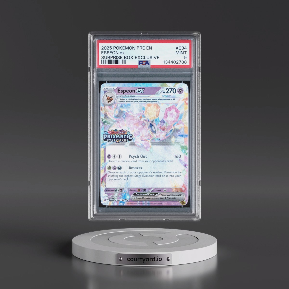 2025 Pokémon Pre EN-Prismatic Evolutions #034 Espeon EX - Holo Surprise Box Exclusive (PSA 9 MINT)
