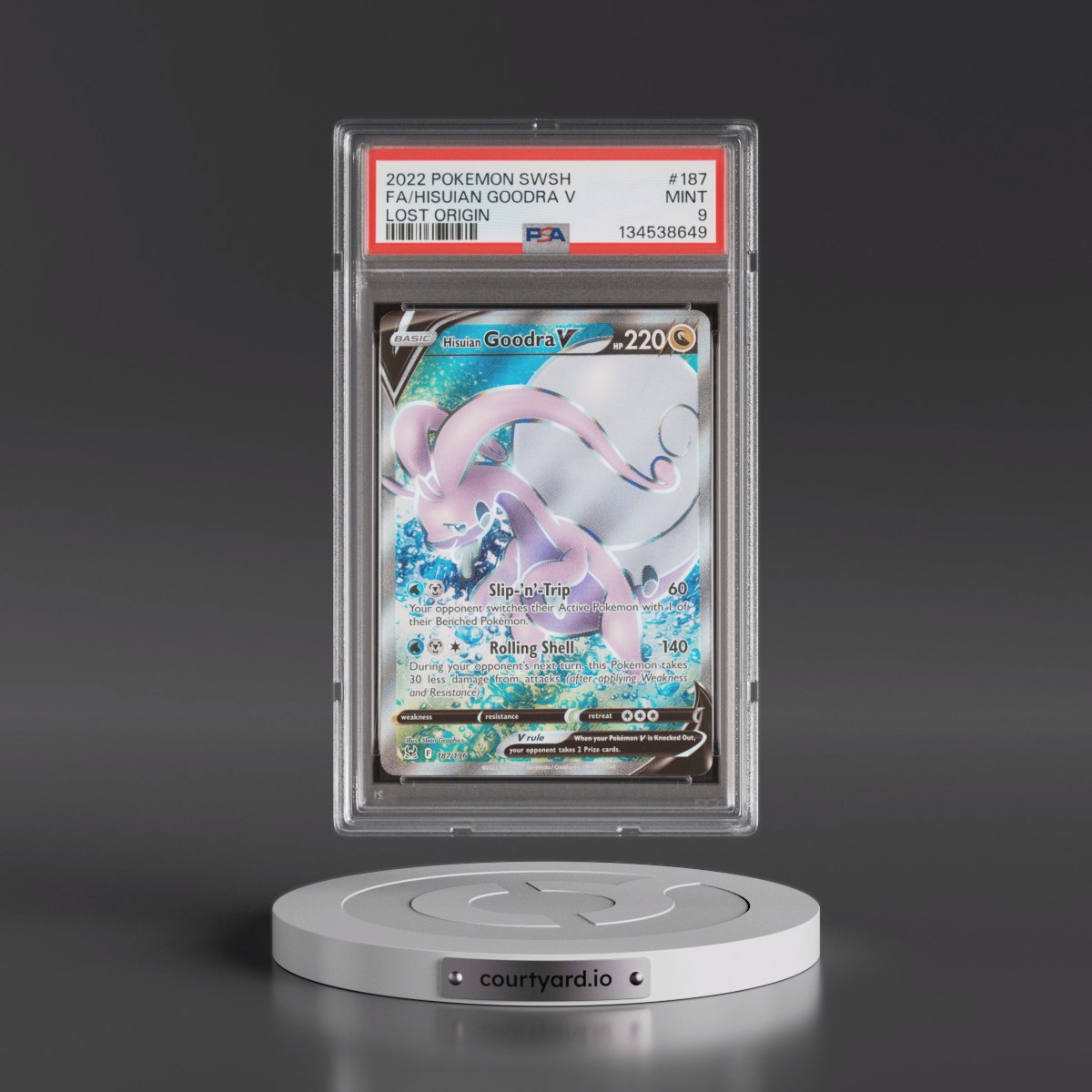 2022 Pokémon Sword & Shield Lost Origin #187 Hisuian Goodra V - Holo Full Art (PSA 9 MINT)