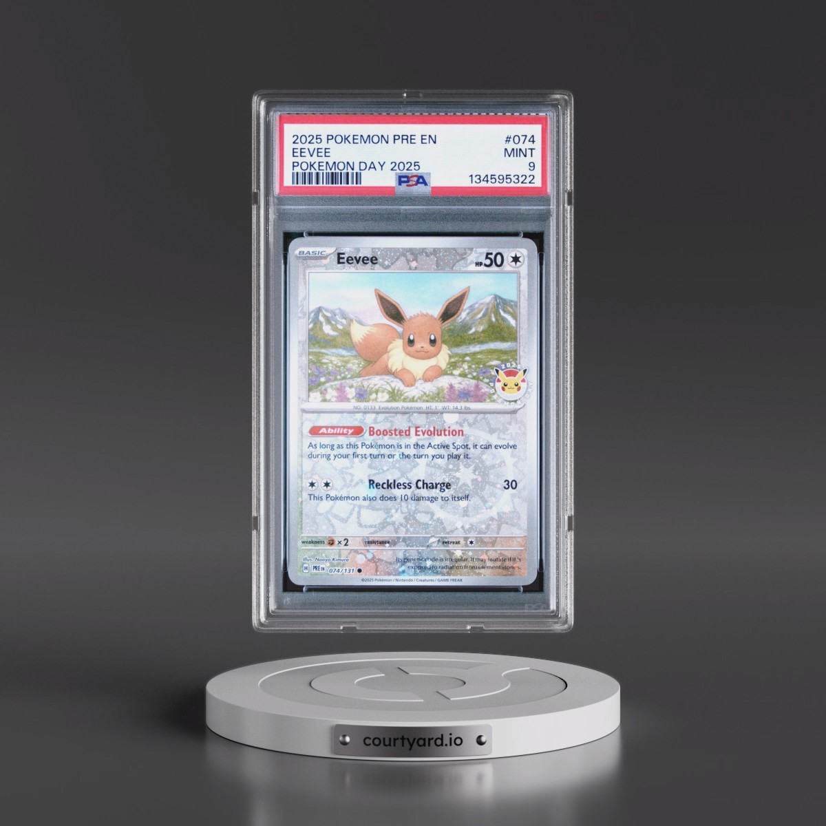 2025 Pokémon Pre EN-Prismatic Evolutions #074 Eevee - Pokemon Day 2025 (PSA 9 MINT)