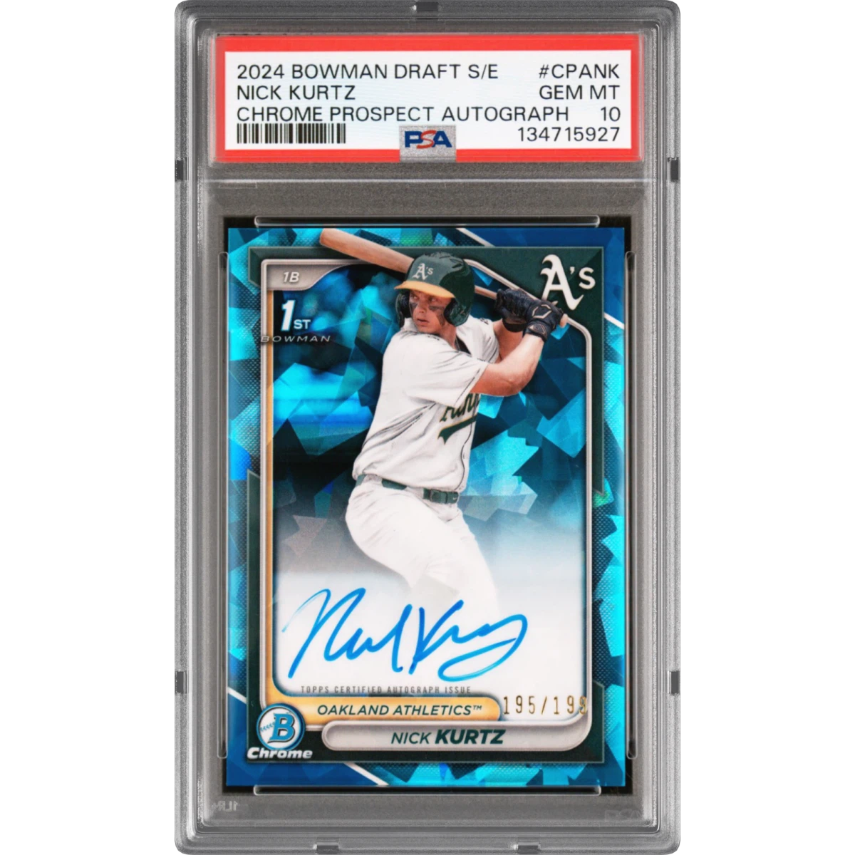 2024 Bowman Draft Sapphire Edition Chrome Sapphire Prospect Autographs #CPANK Nick Kurtz (PSA 10 GEM MINT)
