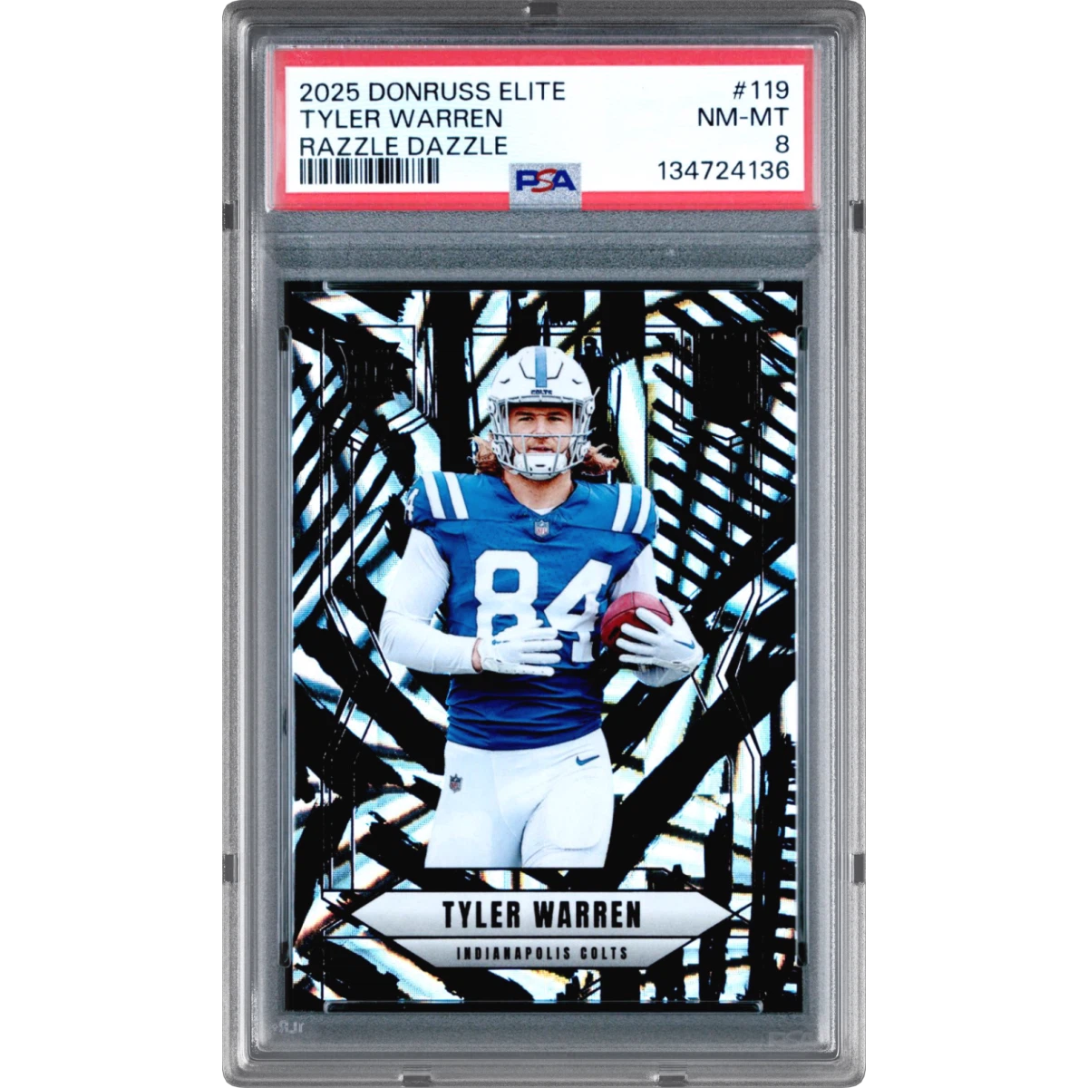 2025 Panini Donruss Elite #119 Tyler Warren - Razzle Dazzle (PSA 8 NM-MT)