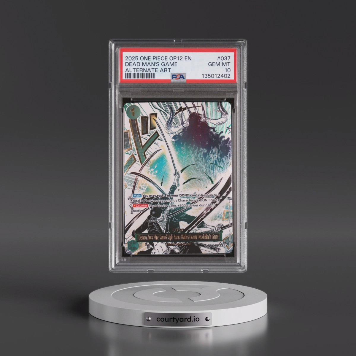 2025 One Piece OP12-Legacy of the Master #037 Demon Aura Nine-Sword Style Asura Blades Drawn Dead Man's Game - Alternate Art (PSA 10 GEM MINT)