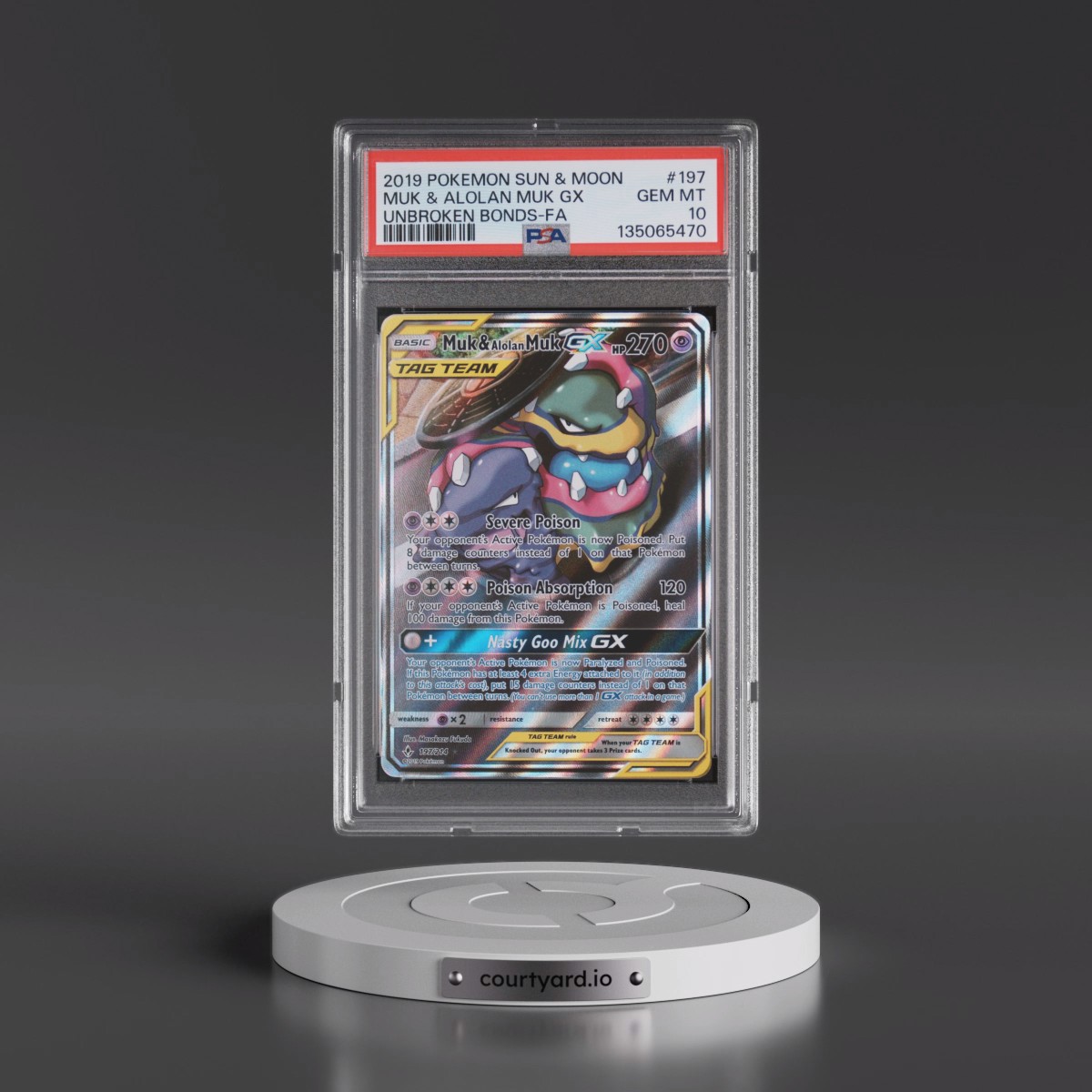 2019 Pokémon Sun & Moon Unbroken Bonds #197 Muk & Alolan Muk GX - Holo Full Art (PSA 10 GEM MINT)