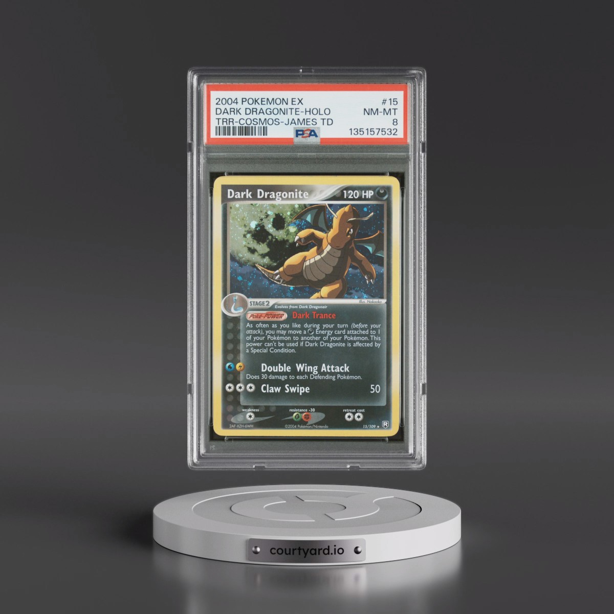 2004 Pokémon EX Team Rocket Returns #15 Dark Dragonite - Holo Cosmos-James Theme Deck (PSA 8 NM-MT)