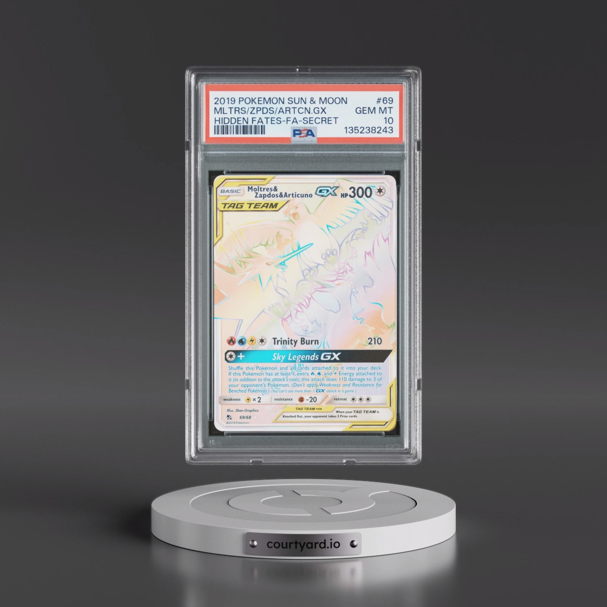 2019 Pokémon Sun & Moon Hidden Fates #69 Moltres & Zapdos & Articuno GX - Holo Full Art Secret (PSA 10 GEM MINT)