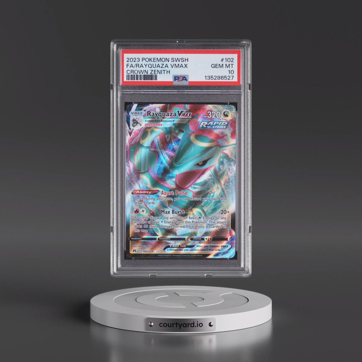 2023 Pokémon Sword and Shield Crown Zenith #102 Rayquaza Vmax - Full Art (PSA 10 GEM MINT)