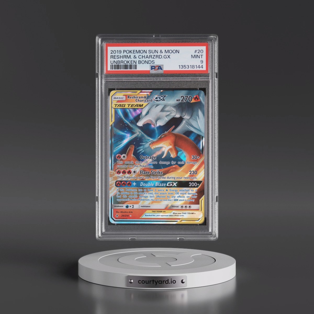 2019 Pokémon Sun & Moon Unbroken Bonds #20 Reshiram & Charizard GX - Holo (PSA 9 MINT)