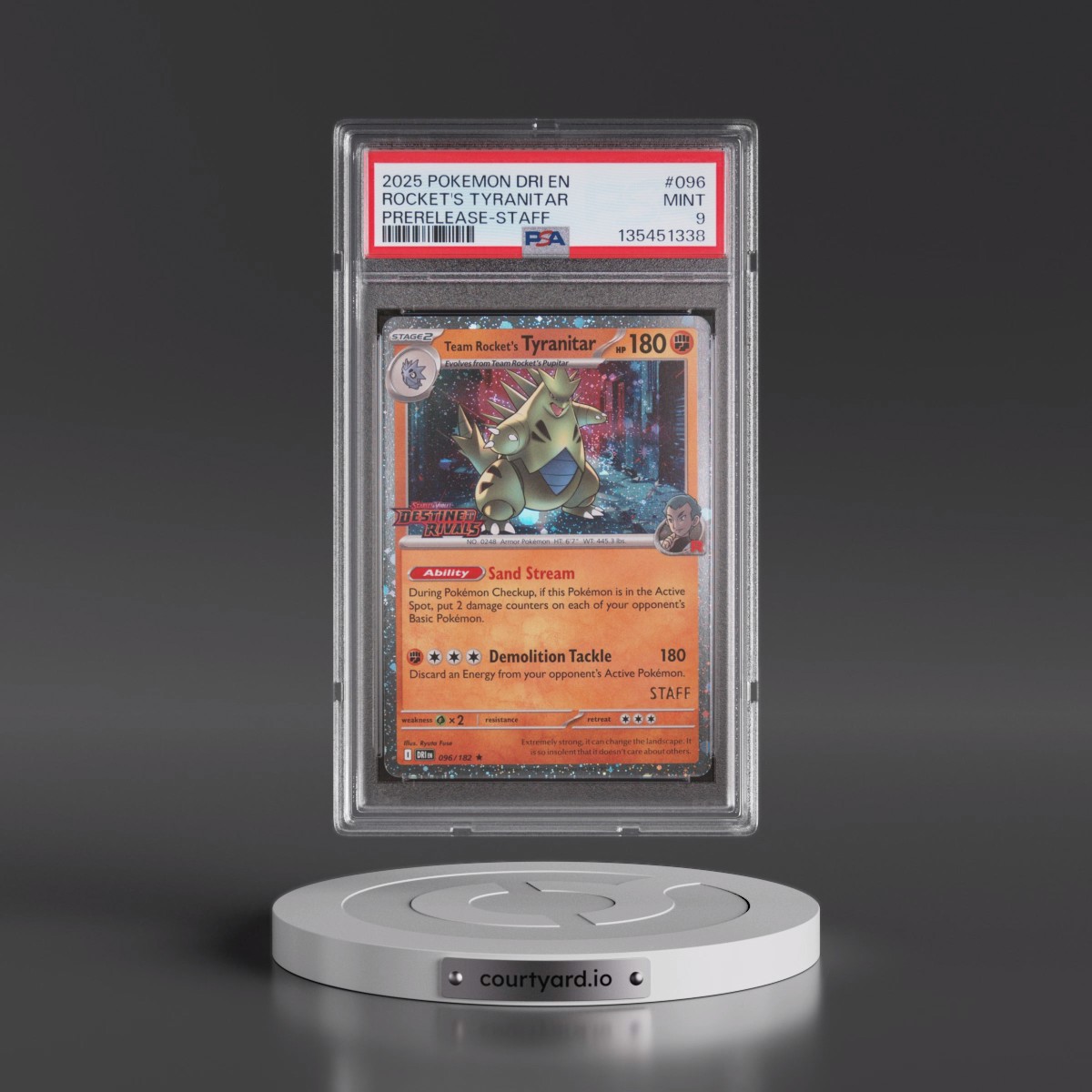 2025 Pokémon Dri EN-Destined Rivals #096 Team Rocket's Tyranitar - Prerelease-Staff (PSA 9 MINT)