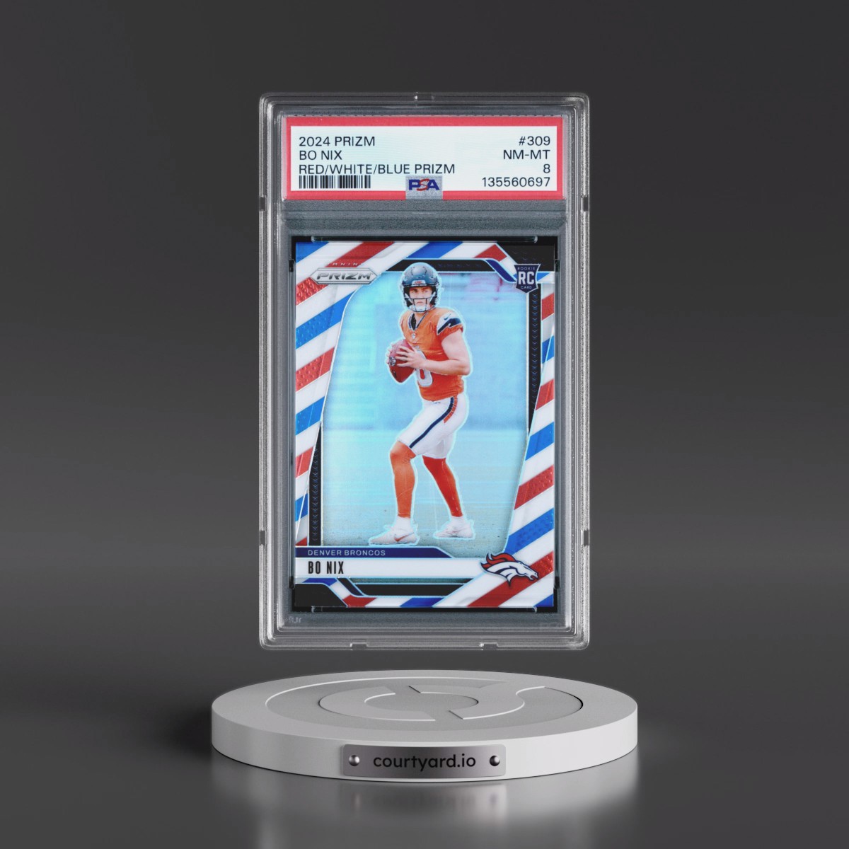 2024 Panini Prizm #309 Bo Nix - Red/White/Blue Prizm (PSA 8 NM-MT)
