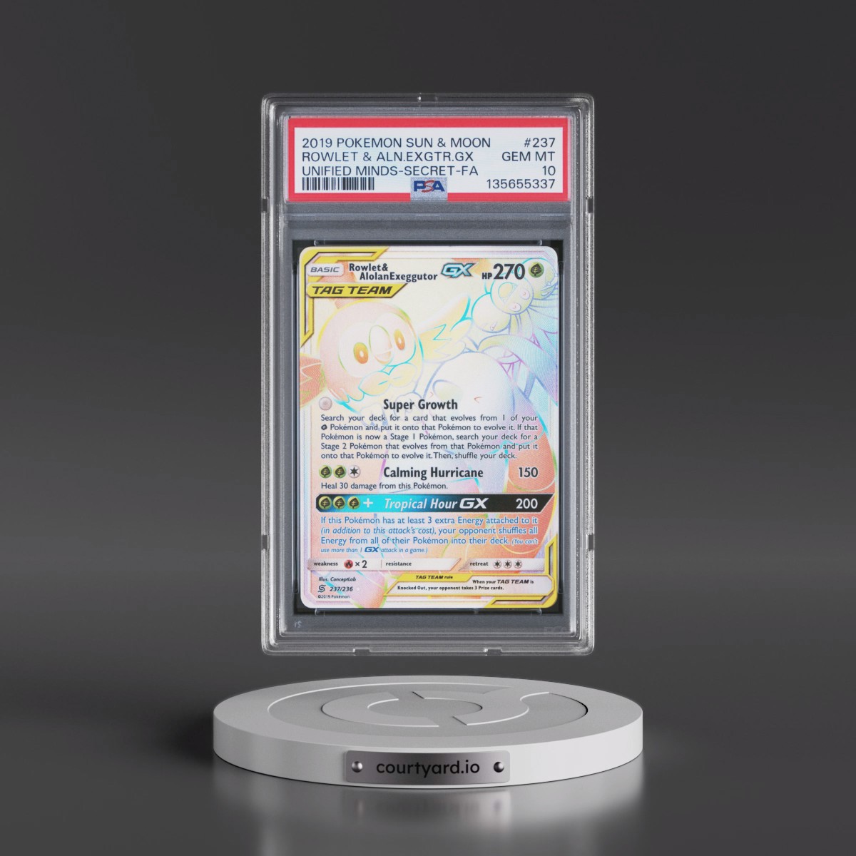 2019 Pokémon Sun & Moon Unified Minds #237 Rowlet & Alolan Exeggutor GX - Holo Full Art Secret (PSA 10 GEM MINT)