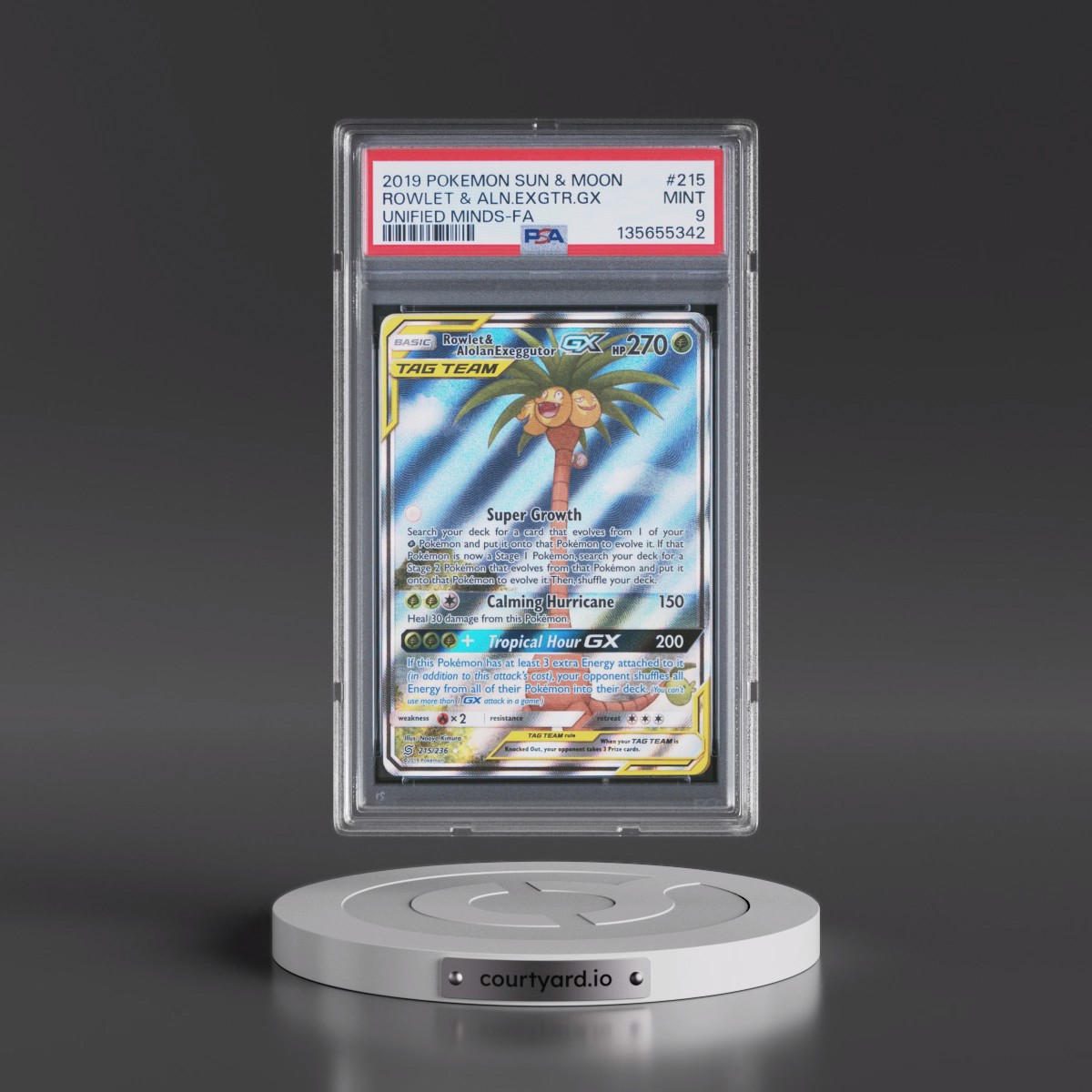2019 Pokémon Sun & Moon Unified Minds #215 Rowlet & Alolan Exeggutor GX - Holo Full Art (PSA 9 MINT)