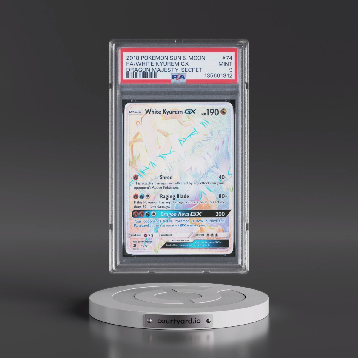 2018 Pokémon Sun & Moon Dragon Majesty #74 White Kyurem GX - Holo Full Art Secret (PSA 9 MINT)