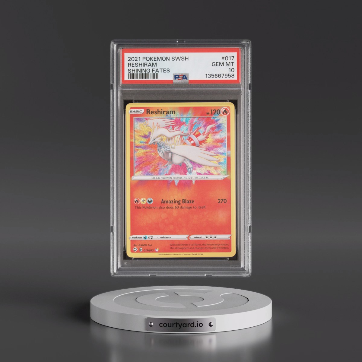 2021 Pokémon Sword & Shield Shining Fates #017 Reshiram (PSA 10 GEM MINT)