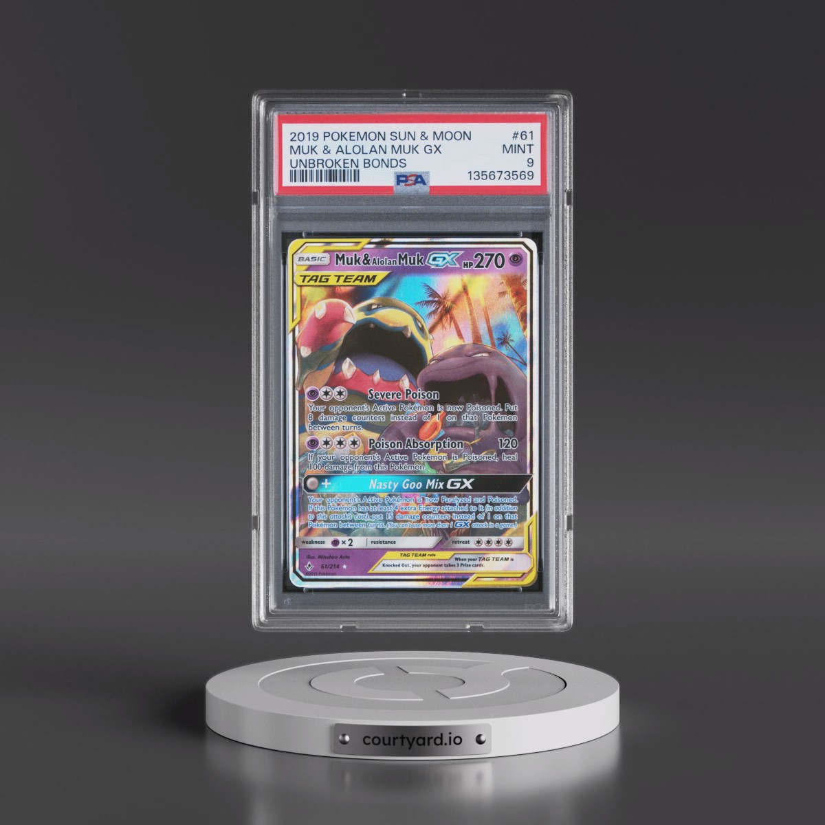 2019 Pokémon Sun & Moon Unbroken Bonds #61 Muk & Alolan Muk GX - Holo (PSA 9 MINT)
