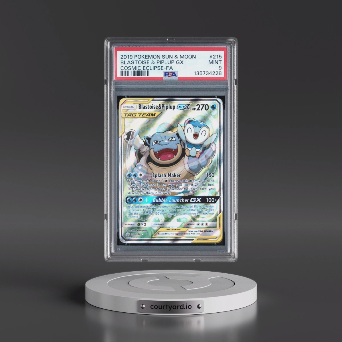 2019 Pokémon Sun & Moon Cosmic Eclipse #215 Blastoise & Piplup GX - Holo Full Art (PSA 9 MINT)