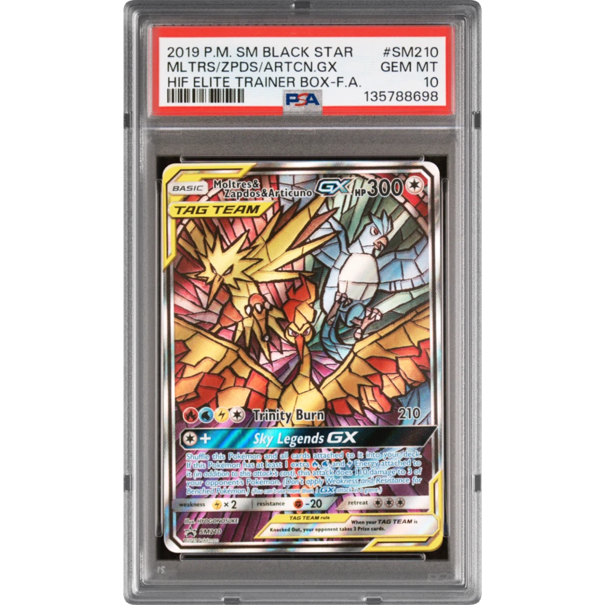 2019 Pokémon SM Black Star Promo #SM210 Moltres & Zapdos & Articuno GX - Holo Full Art Hidden Fates Elite Trainer Box (PSA 10 GEM MINT)