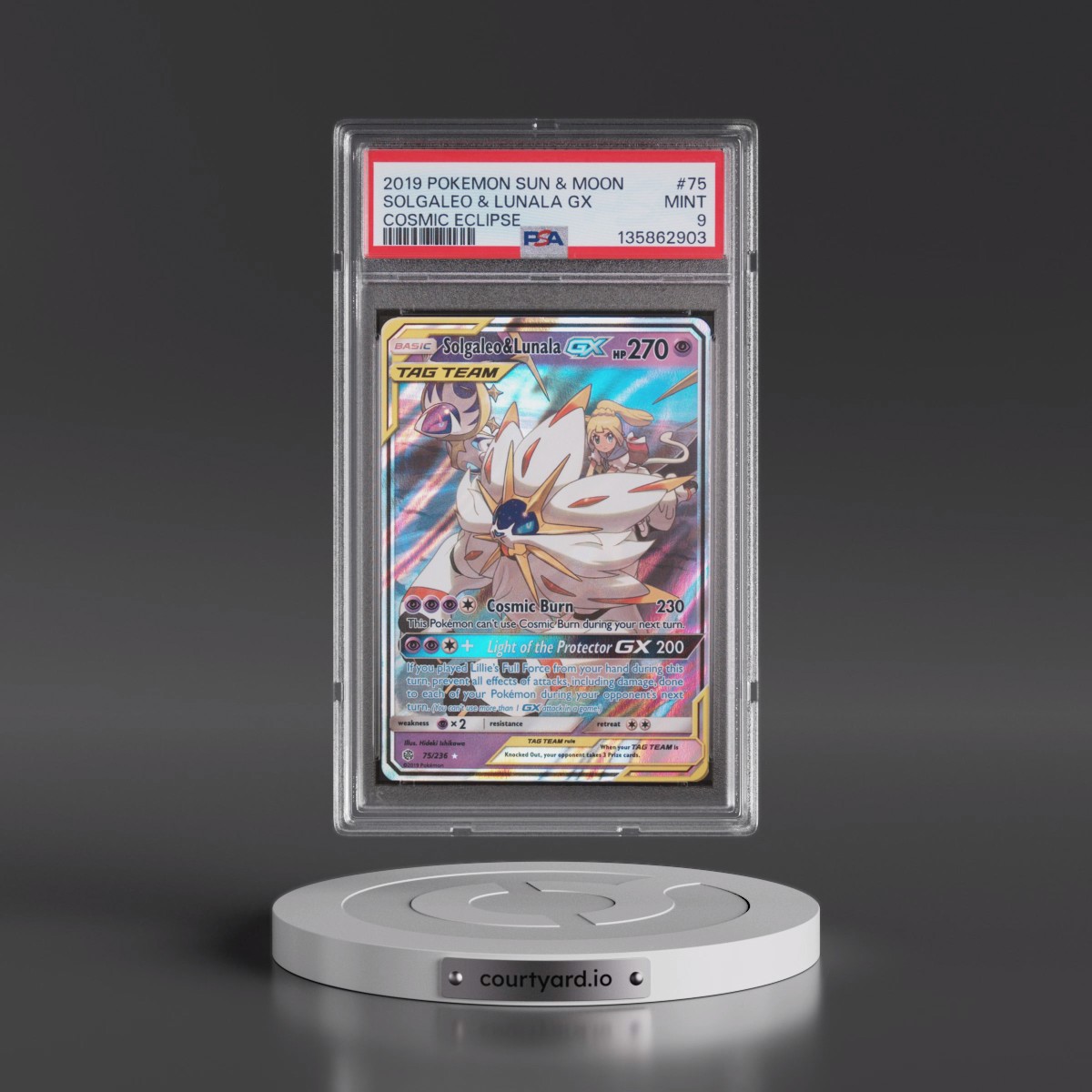 2019 Pokémon Sun & Moon Cosmic Eclipse #75 Solgaleo & Lunala GX - Holo (PSA 9 MINT)