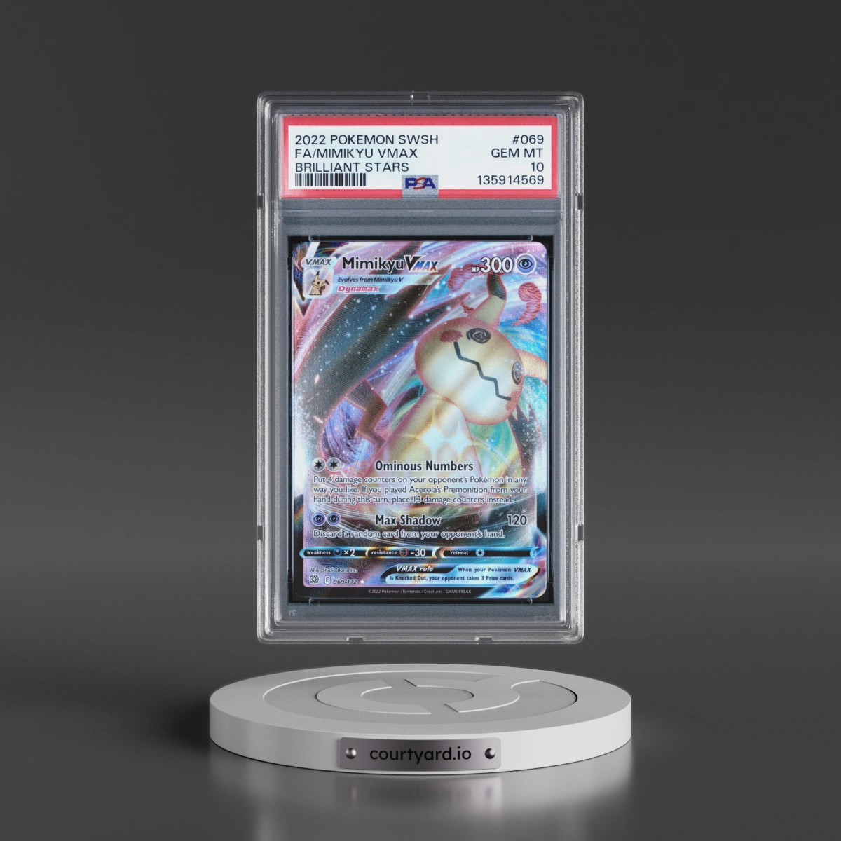 2022 Pokémon Sword & Shield Brilliant Stars #069 Mimikyu Vmax - Full Art (PSA 10 GEM MINT)