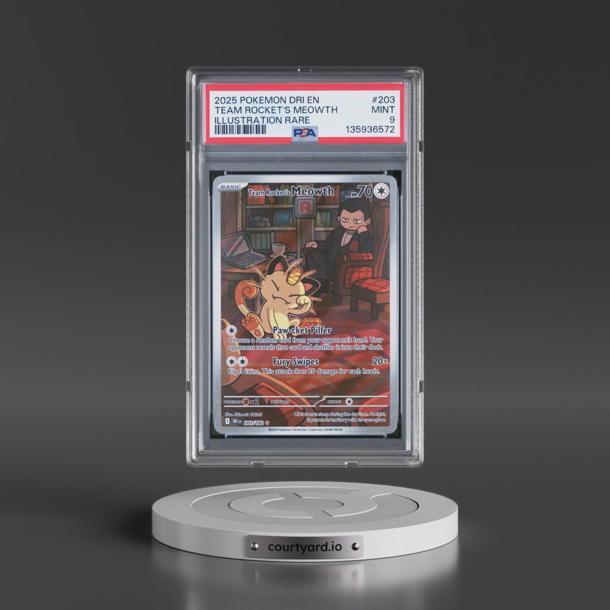 2025 Pokémon Dri EN-Destined Rivals #203 Team Rocket's Meowth - Illustration Rare (PSA 9 MINT)