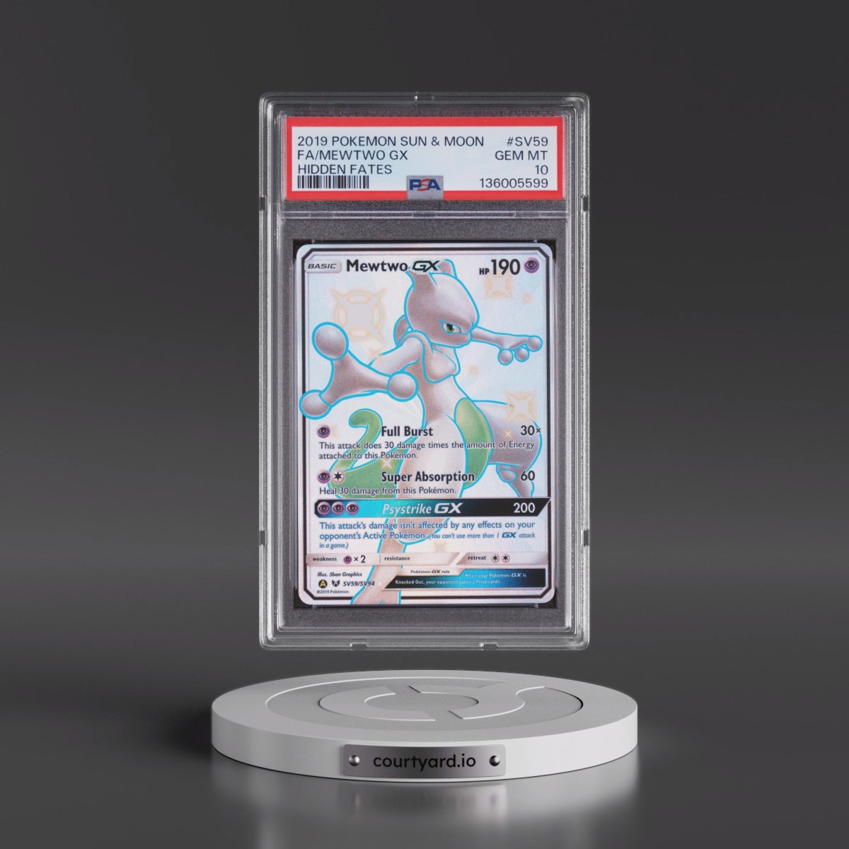 2019 Pokémon Sun & Moon Hidden Fates Mewtwo GX - Holo Full Art #SV59 PSA 10