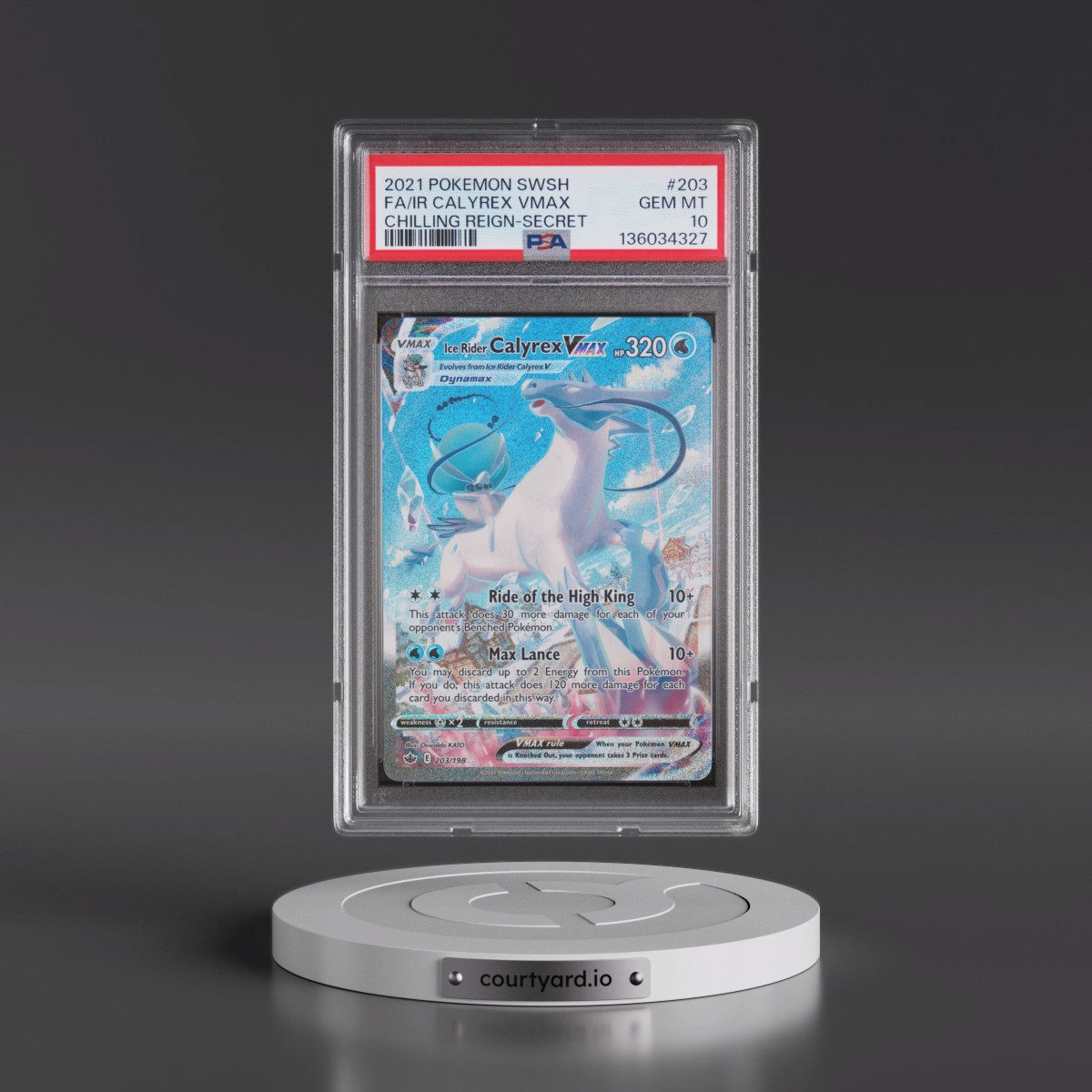 2021 Pokémon Sword & Shield Chilling Reign #203 Ice Rider Calyrex Vmax - Full Art Secret (PSA 10 GEM MINT)