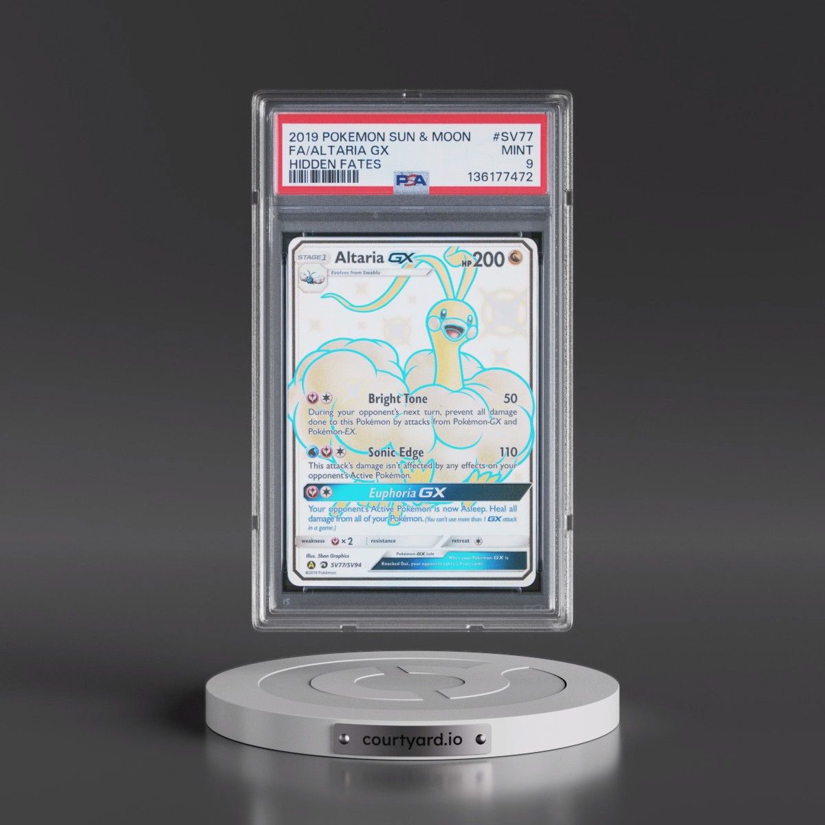 2019 Pokémon Sun & Moon Hidden Fates #SV77 Altaria GX - Holo Full Art (PSA 9 MINT)