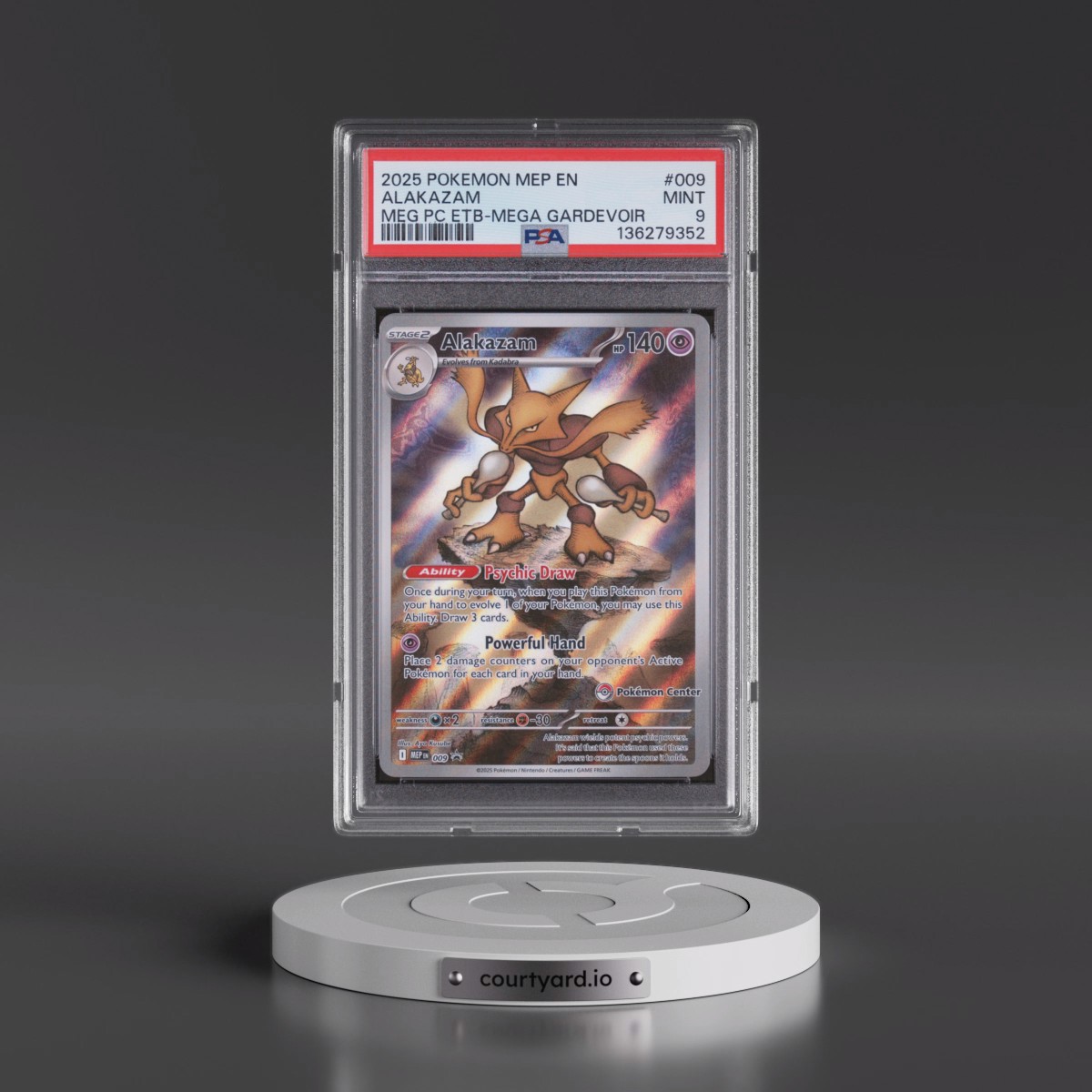 2025 Pokémon Mep EN-Me Black Star Promo #009 Alakazam - Mega Evolution Pokemon Center Elite Trainer Box-Mega Gardevoir (PSA 9 MINT)