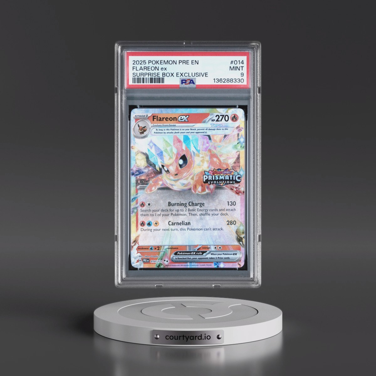 2025 Pokémon Pre EN-Prismatic Evolutions #014 Flareon EX - Holo Surprise Box Exclusive (PSA 9 MINT)