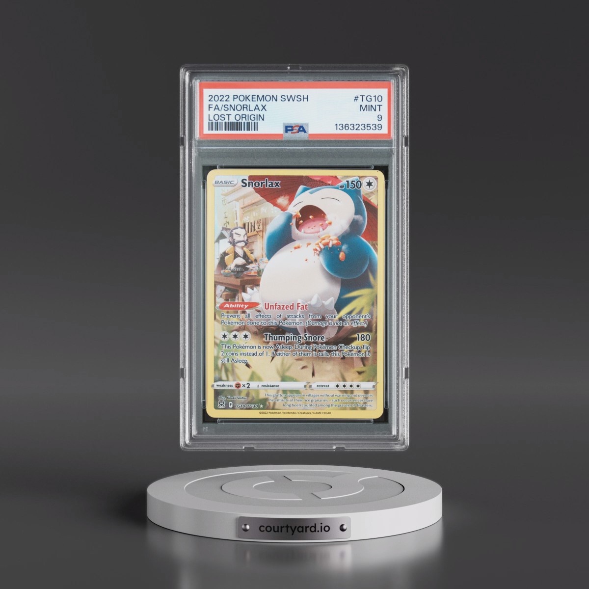 2022 Pokémon Sword & Shield Lost Origin #TG10 Snorlax - Full Art (PSA 9 MINT)