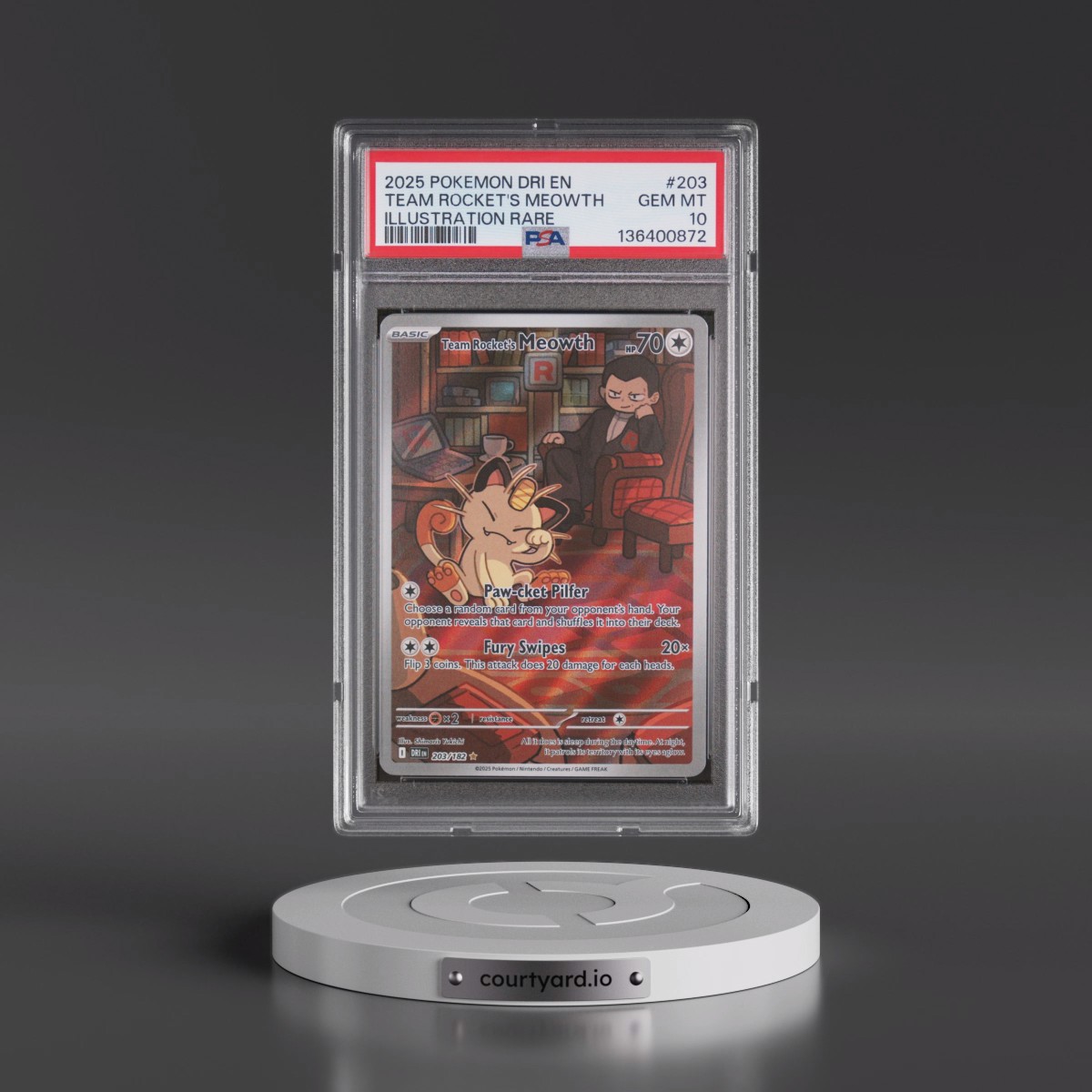 2025 Pokémon Dri EN-Destined Rivals #203 Team Rocket's Meowth - Illustration Rare (PSA 10 GEM MINT)