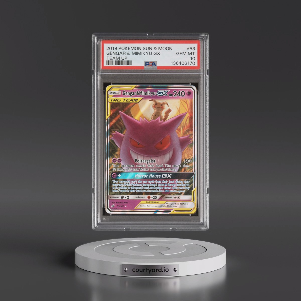 2019 Pokémon Sun & Moon Team Up #53 Gengar & Mimikyu GX - Holo (PSA 10 GEM MINT)