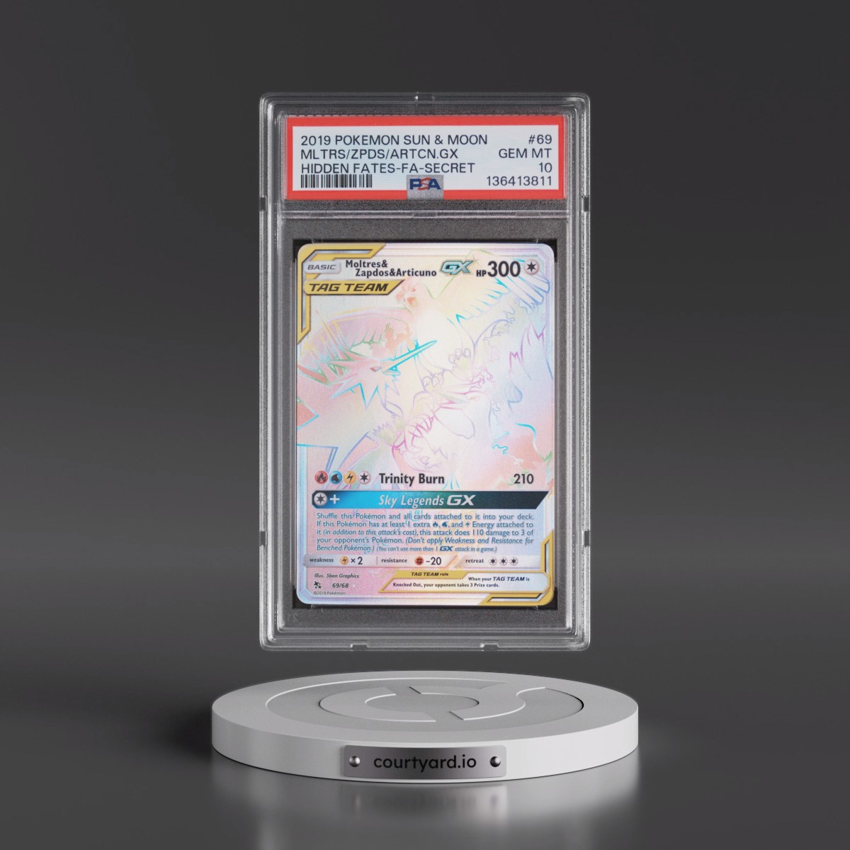 2019 Pokémon Sun & Moon Hidden Fates #69 Moltres & Zapdos & Articuno GX - Holo Full Art Secret (PSA 10 GEM MINT)