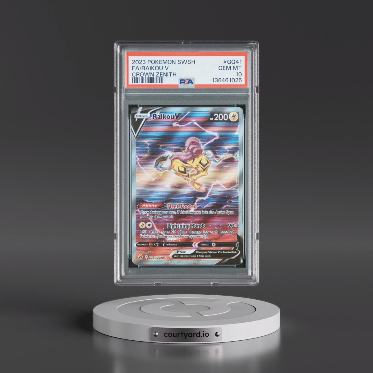2023 Pokémon Sword and Shield Crown Zenith #GG41 Raikou V - Holo Full Art (PSA 10 GEM MINT)