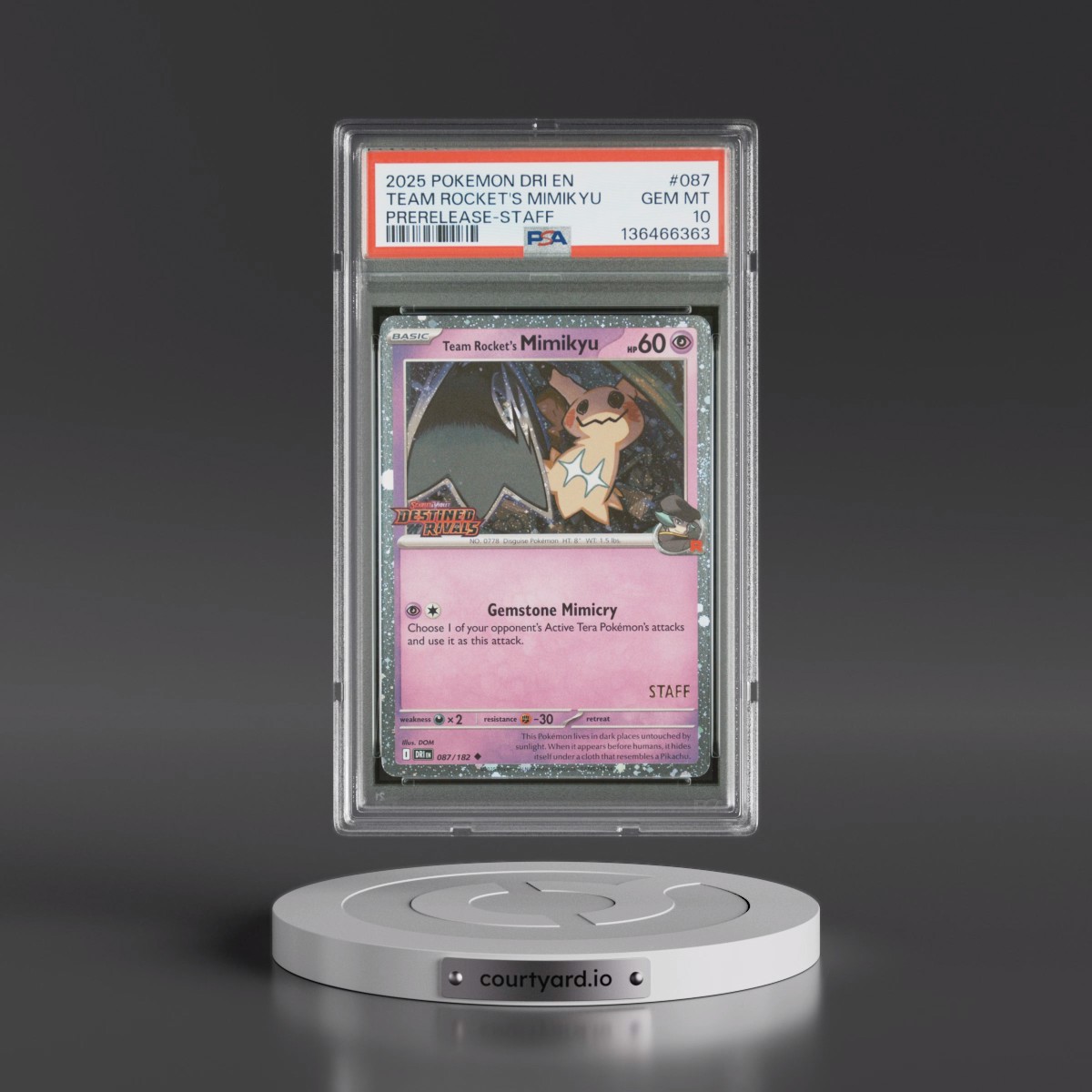 2025 Pokémon Dri EN-Destined Rivals #087 Team Rocket's Mimikyu - Prerelease-Staff (PSA 10 GEM MINT)