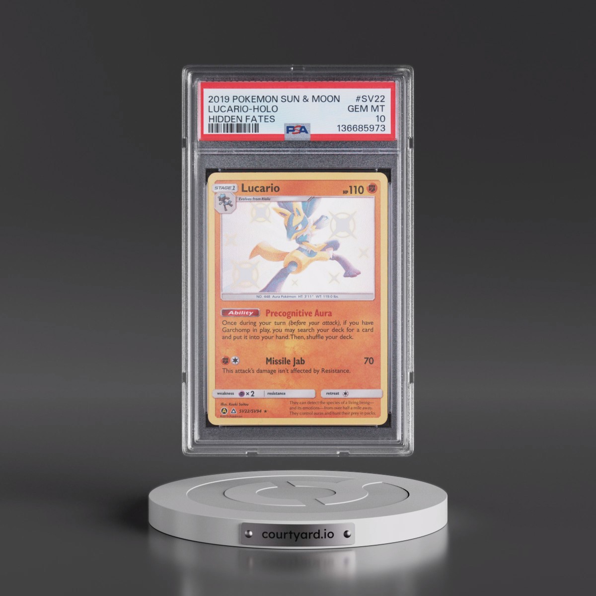 2019 Pokémon Sun & Moon Hidden Fates #SV22 Lucario - Holo (PSA 10 GEM MINT)