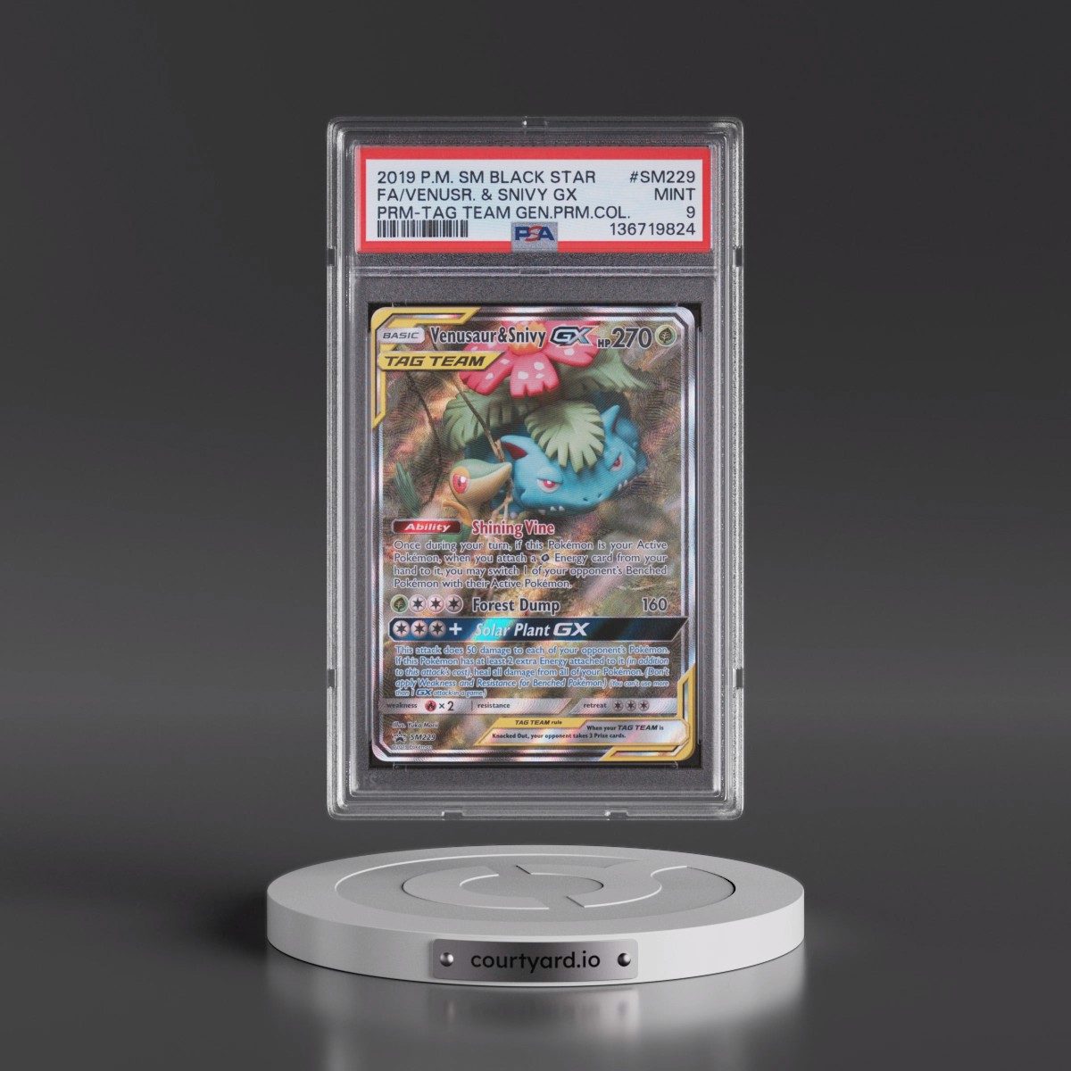 2019 Pokémon SM Black Star Promo #SM229 Venusaur & Snivy GX - Holo Full Art Tag Team Generations Premium Collection (PSA 9 MINT)